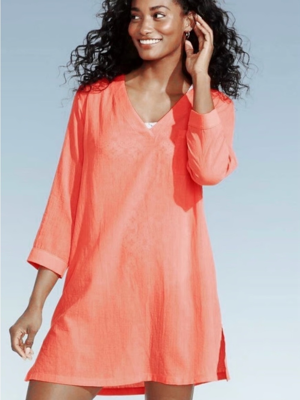 Land’s End Coral Gauzy Cotton V-Neck Swim CoverUp Dress Side Vents Size M and L